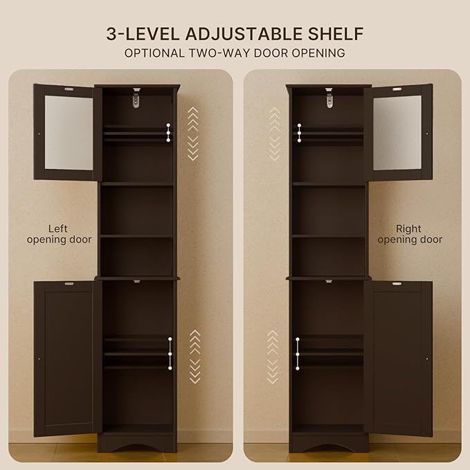 Gizoon Tall Bathroom Storage Tower, Freestanding Linen Cabinet with Two-Way Doors, Adjustable Shelves, Anti-Tip Floor Cabinet, for Home, Kitchen, Living Room, Dark Brown