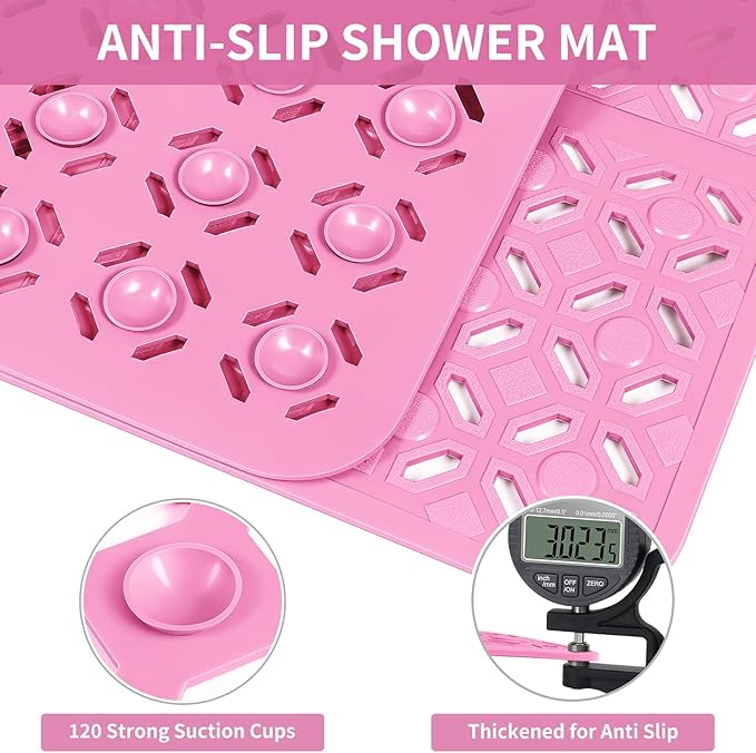 OTHWAY Square Shower Mat, 27"x 27" Extra Large Shower Mats for Inside Shower, TPE Anti Slip Shower mat with Suction Cups Drain Holes, Machine Washable Shower Floor Mat (Pink)