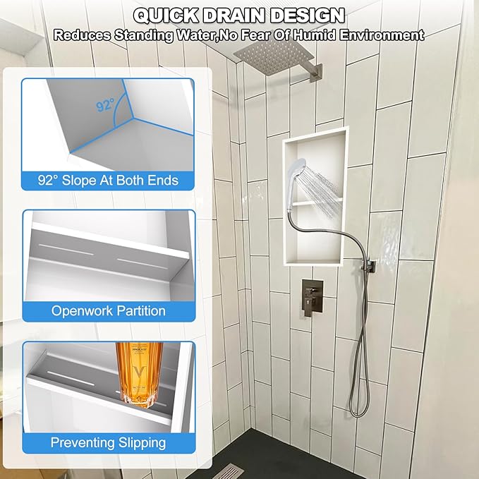 304 Stainless Steel Shower Niche Insert-Glossy White 24 x 12" No Tile Needed Bathroom Niche for Shower Wall-Double Shelves Built in Shower Shelf-Waterproof Recessed Cabinet for Bathroom Living Room