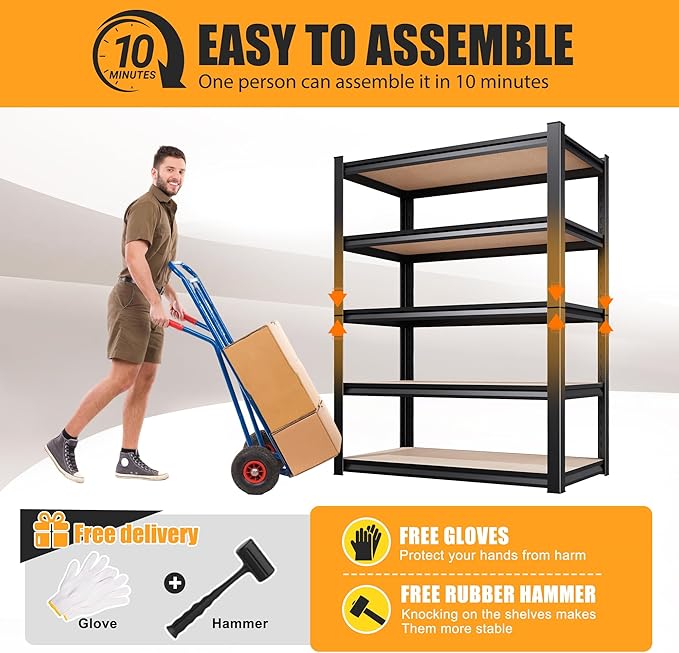 5-Tier Garage Shelving Heavy Duty Storage Shelves, Metal Adjustable Shelving Unit, Utility Garage Organizer Shelf for Basement, Pantry, Kitchen, Warehouse, 31.5" W x 13.8" D x 71.2" H, Black