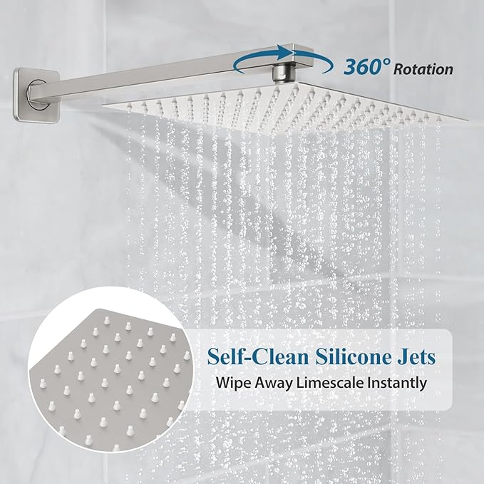12 inch Square Shower Head and Handheld Set, Gasecoet Shower System with Tub Spout Wall Mounted Shower Faucet for Bathroom - Brushed Nickel (With Shower Valve)