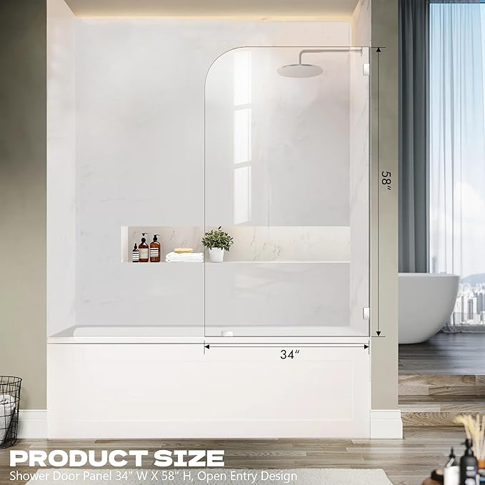 Frameless Bathtub Shower Door, 34" W X 58" H Single Fixed Bath Panel with Clamps, 1/4"(6mm) Clear Tempered Glass Bathroom Shower Screen, Bathtub Glass Panel in Polished Chrome Finish