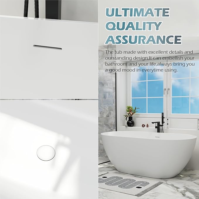 GIVINGTREE 59'' Freestanding Solid Surface Resin Stone Bathtub, Contemporary Design Stand Alone Tub with Pop-up Drain and Overflow, cUPC Certified, Matte White