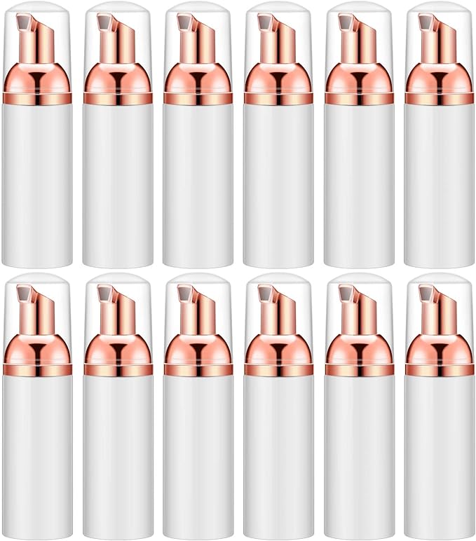 2 Oz Empty Foam Pump Bottle (12PCS) Travel Foaming Soap Dispenser for Hand Soap, Lash Shampoo Cleanser (White&Rose Gold)