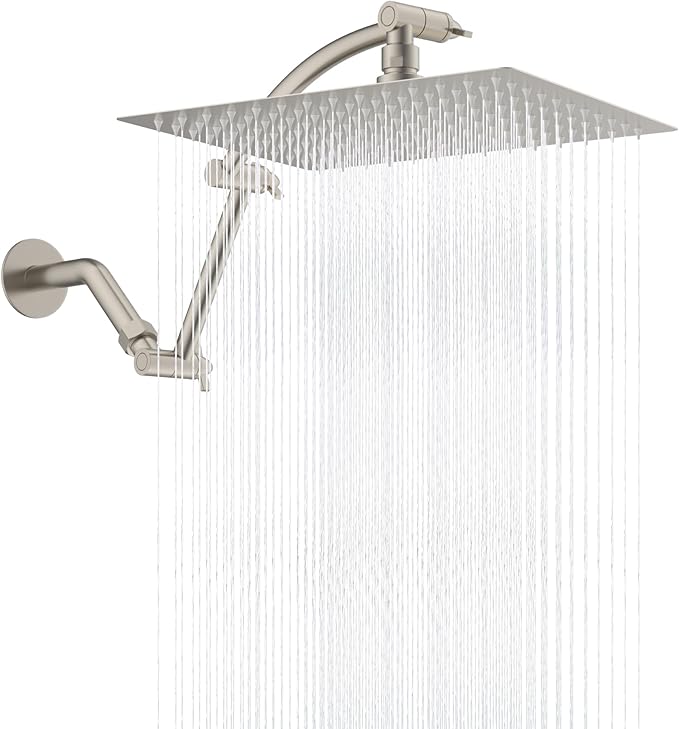 Hibbent All Metal cUPC Certified Rain Shower Head, 12'' High Pressure Rainfall Showerhead with 16" Shower Head Extension Arm, Brass Adjustable Shower Arm Extender, fixed Showerheads, Brushed Nickel