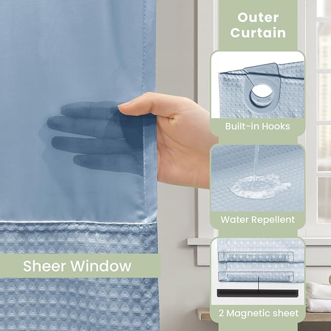 Inhousolu Extra Long No Hook Shower Curtain with Snap in Fabric Liner Set Waffle Weave 230GSM Weighted Hem, Waterproof & Washable Bathroom Curtain Spa Luxury with Mesh Top Window 72"W x 84"L Fog Blue