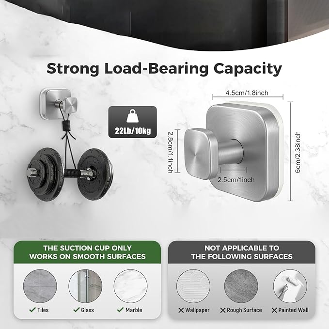 4Pcs Square Suction Cup Hook, 304 Stainless Steel Shower Hook, Removable Suction Cup Knob for Shower, Bathroom, Kitchen, Glass Door, Mirror (Silver)