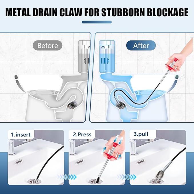 61 '' Flexible Grabber Claw (4 Claws), Drain Snake with Tweezers, Bendable Hose Grabber Reacher Tool, Retractable Drain Clog Remover Tool, Pickup Tool for Bath Tub, Toilet, Kitchen Sink & Sewer