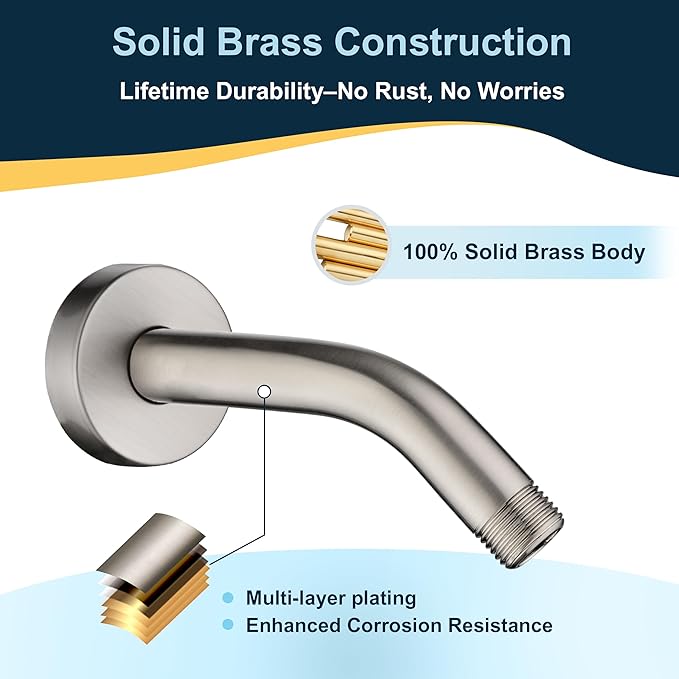 BRIGHT SHOWERS 6 Inch Brass Shower Arm with Flange Shower Pipe Arm for Wall Mount Fixed and Handheld Shower Head, Brushed Nickel