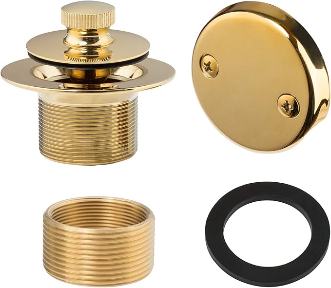 Artiwell Lift & Turn Tub Trim Set with Two-Hole Overflow Faceplate, All Brass Bathtub Conversion Kit Assembly with 2-Hole Overflow Face Plate and Universal Fine/Coarse Thread (Polished Brass)