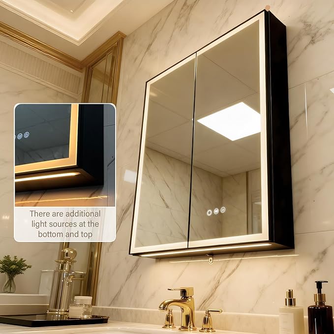 Aluminum Medicine Cabinet with Light,Stepless Glass Shelf,3 Colors Temperature,Dimmer,Backlit Lighting,Internal Light,USB Shaver Socket,Defogger,61cm×76cm