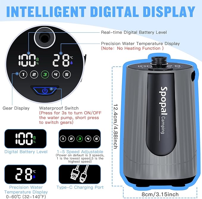 Portable Shower for Camping, [Upgraded] 10000mAh Rechargeable Camping Shower with 5 Adjustable Speeds,Premium LED Display, IPX8 Waterproof Outdoor Shower Kit for Hiking, Car, Pet, Travel