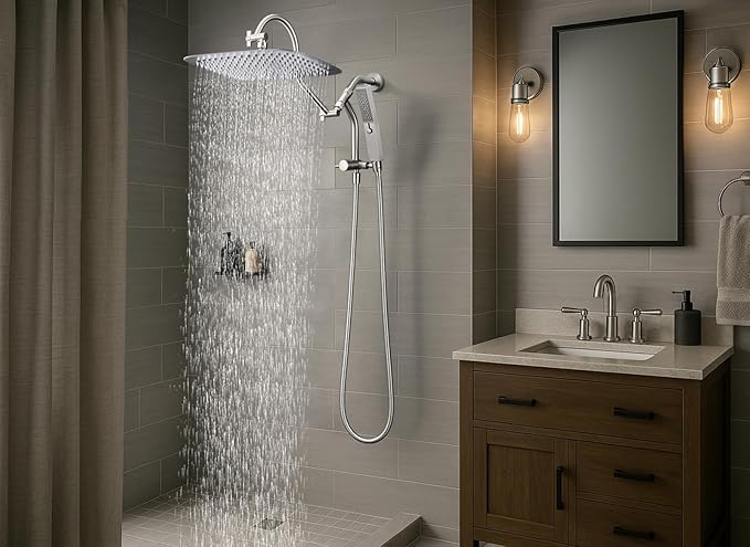 G-Promise 14 Inches Shower Faucet Sets Complete, All Metal Rainfall Shower Head and Handle Set, Extended Downward Diverter, Extension Arm and Pressure Balance Rough-in Valve Included