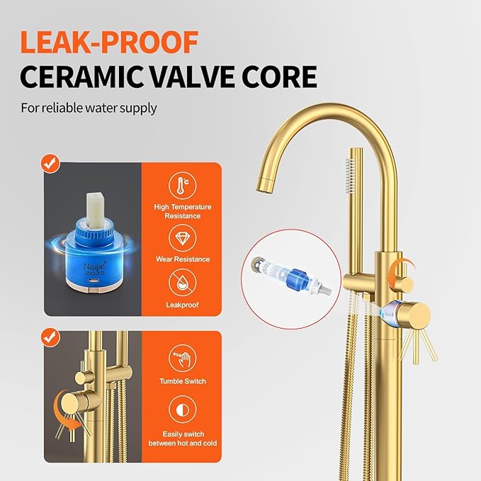 Freestanding Bathtub FaucetFloor Mount Bathtub Filler Shower Mixer Faucet with Handheld Shower Sprayer Swivel, Side Inlet，Gold