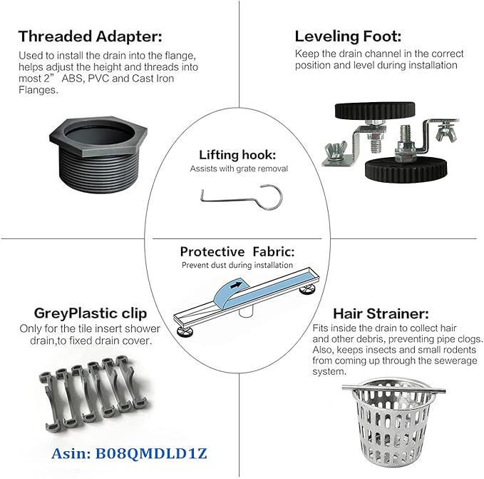 Neodrain 42-Inch Linear Shower Drain with Tile Insert Grate,Brushed 304 Stainless Steel Rectangle Shower Floor Drain, Linear Drain with Leveling Feet, Hair Strainer
