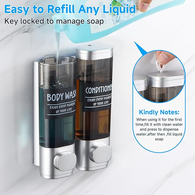 Shampoo and Conditioner Dispenser,GlintGath Shower Dispenser 2 Chamber No Drill Shampoo Dispenser for Shower Wall Mounted Shower Soap Dispenser for Bathroom Hotel,2 * 300ML,Silver