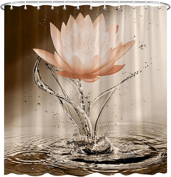Lotus Shower Curtain Orange Flower Elegant Blooming Floral with Dew Spring Flower Reflection on Water Modern Romantic Polyester Fabric Bathroom Decor 70×96 Inch with Hook