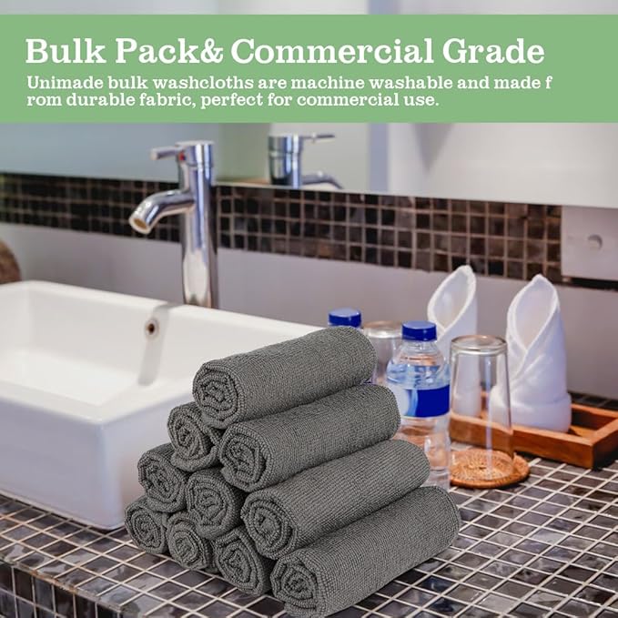 Washcloths Bulk - 100 Pack - Face Towels (12" x 12"), Highly Soft Wash Cloths and Hand Towels, Fast Drying Multi-Purpose Microfiber Cleansing Cloths for Bathroom, Hotel, Spa, and Salon - Grey