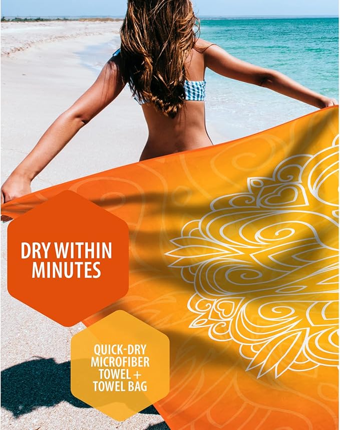 VENTURE 4TH Microfiber Beach Towel: Quick-Dry, Compact, Sand-Free, Absorbent, Sandproof and Lightweight - Perfect for Camping, Beach, and Roadtrips (Orange Mandala Design | 35x78 inches)