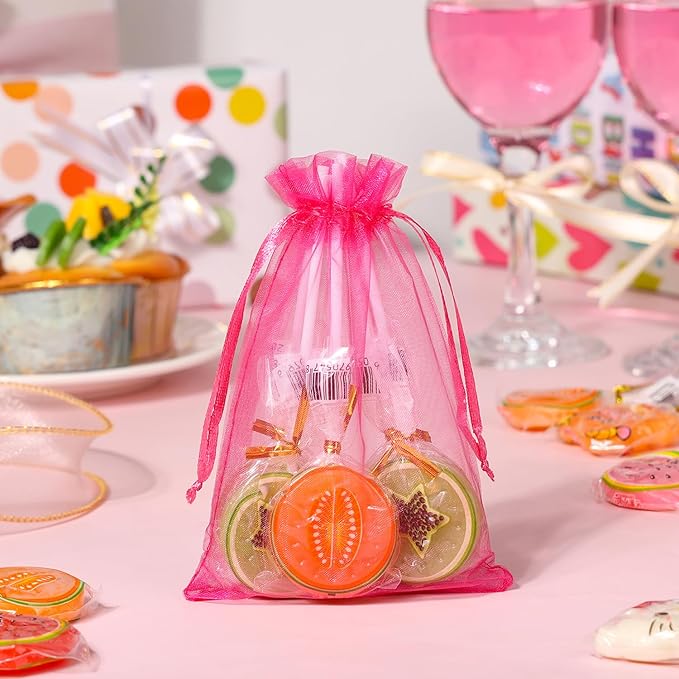 Hopttreely 100pcs Organza Drawstring Gift Bags, 4 x 4.72 inch Mesh, Hot Pink Satin Pouch Wedding Party Favor Bags