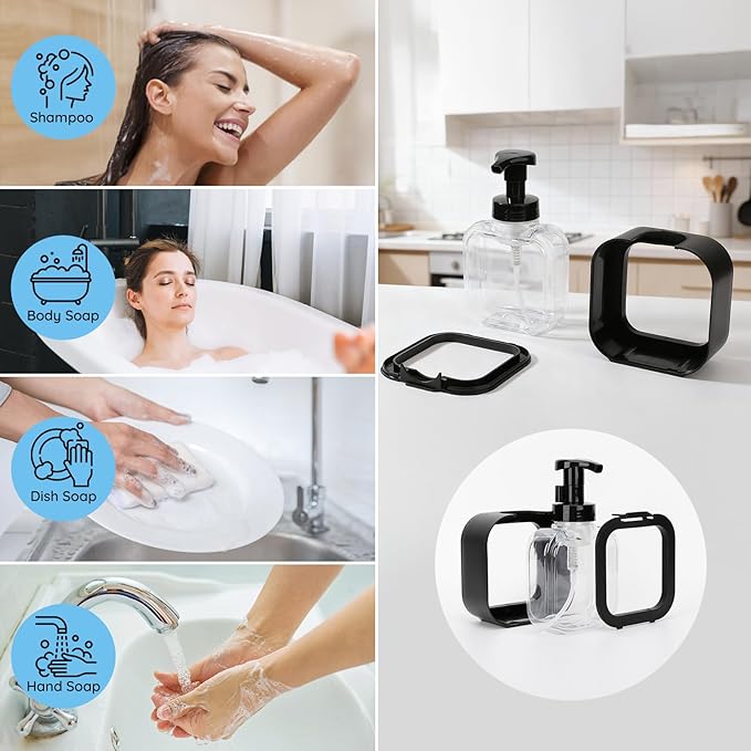Segbeauty 10.1oz Black Foaming Soap Dispenser for Bathroom, 3pcs 300ml Empty Square Refillable Dish Soap Dispenser for Kitchen Sink Cleaning, Plastic Shampoo Shower Pump Bottles Dispenser with Labels