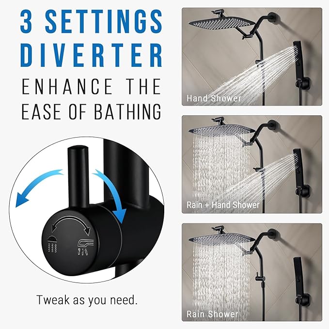 G-Promise Metal Shower Diverter, Handheld Holder Included, 3-Way Diverter for Handheld and Fixed Shower Head ∣3-Settings Universal Bathing System Replacement Part (Matte Black)