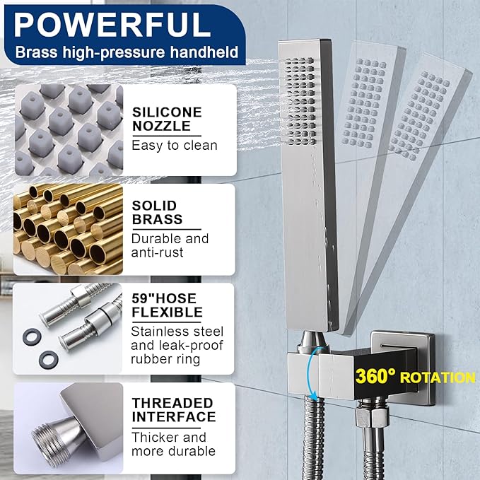 Thermostatic Shower System Three Shower Heads with 16" Ceiling Mounted Rain Shower Head & 2 x 6" Wall Mounted Head 4 Function Shower System Can All Run Together, Brushed Nickel