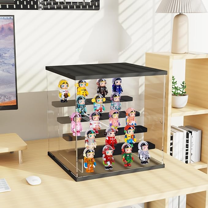 Choowin 5 Tier Clear Acrylic Lighted Display Case for Collectibles, Mini Figures, Pop Mart, Labubu, Sonny Angel, Smiski - Assemble Dustproof Display Box with Door, Stand (Black Top Base, Clear Step)
