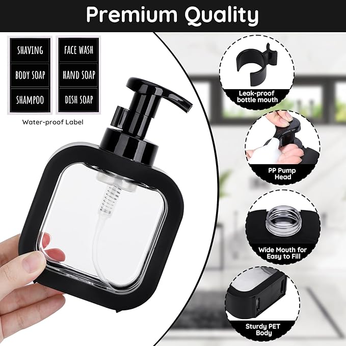 Segbeauty 10.1oz Black Foaming Soap Dispenser, 300ml Square Foam Bottle Dispenser for Bathroom, Plastic Refillable Dish Soap Dispenser for Kitchen, Shower Shampoo Hand Wash Foamer Bottle with Labels