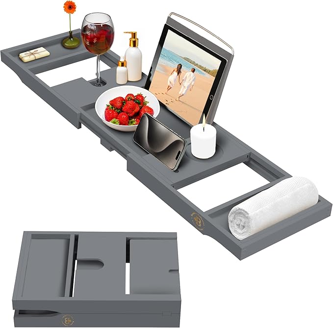 Wooden Bathtub Tray - Foldable & Expandable Bamboo Bath Tray for Tub with Wine Holder, Book & Tablet Stand - Bath Caddy Tray for Bathtub, Spa Bath Accessories, Tub Tray Table, Gift Idea for Her (Gray)
