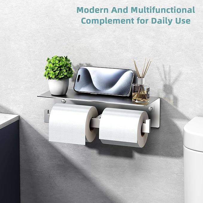 Angle Simple Bathroom Toilet Paper Holder, SUS 304 Stainless Steel Toilet Tissue Roll Holder with Storage Shelf, Wall Mount