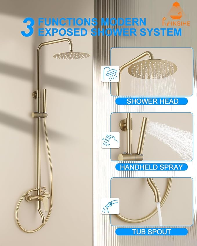 Outdoor Shower Kit Gold, Exposed Shower System with Tub Spout and 10'' Rainfall Shower Head, 3 Functions Handle Shower Faucet Sets with Dial Thermometer Brass Valve, Brushed Gold Finsh
