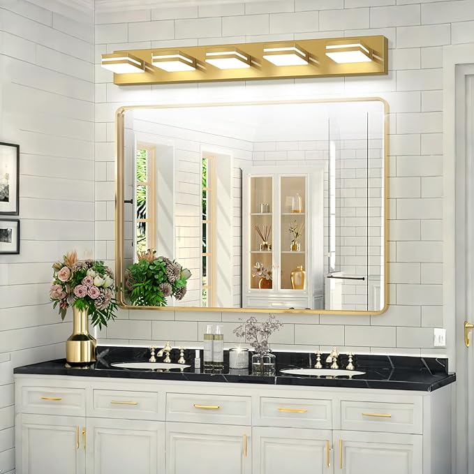 SineRise LED Modern Bathroom Vanity Light Fixtures (5-Light, 40-Inch, Dimmable), Brass Modern Acrylic Bathroom Wall Lighting Fixtures Over Mirror (Cool White 6000K)