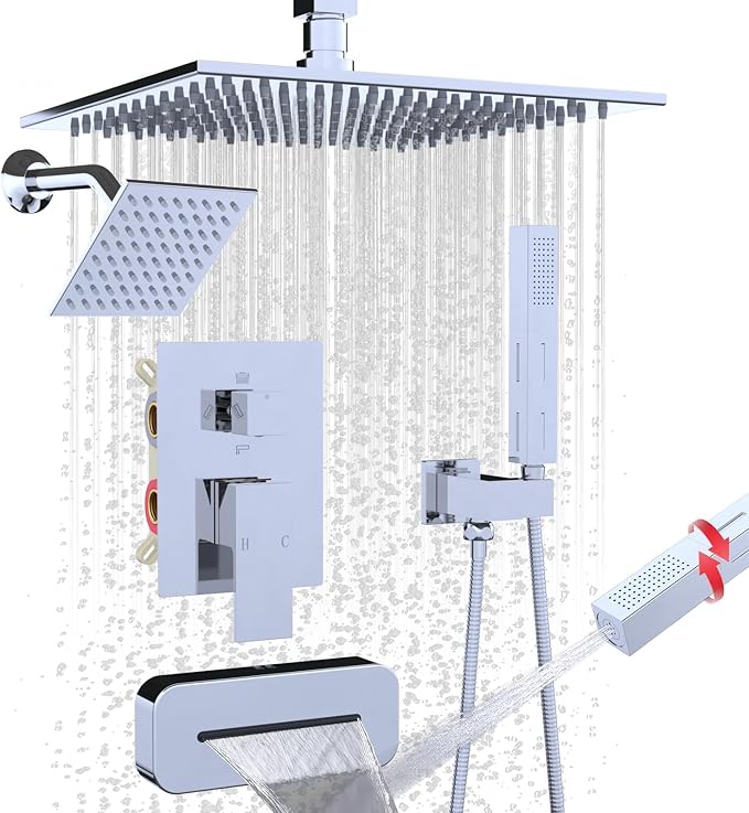 ENGA Shower System with Tub Spout, Bathtub Shower Faucet Combo Set - 10" & 6" Square Rain Shower Heads with 2 in 1 Handheld Spray, 4 Way Water Diverter, Chrome