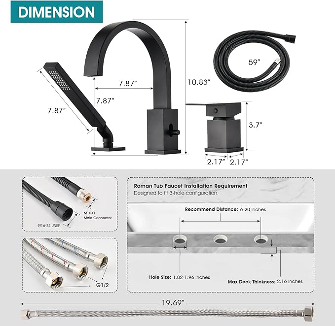 Brass Roman Tub Faucet with Sprayer, Deck Mount Bathtub Faucet with Hand Shower, 3 Hole Waterfall Tub Faucet with 360° Spout, Single Handle Tub Filler with 8 GPM High Flow, Matte Black