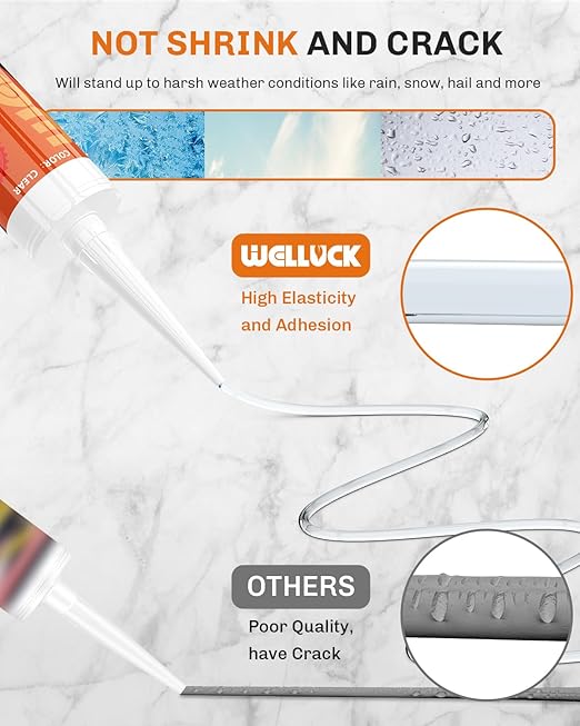 WELLUCK Clear Silicone Caulk, 100% Waterproof Silicone Sealant Adhesive Caulking,for RV, Kitchen,Bathroom, Window, Door, Glass,10.2FL.OZ/300ML (4 Pack)