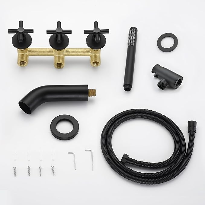 SUMERAIN Wall Mount Bathtub Faucet with Hand Shower,3 Handle Tub Shower Faucet Matte Black High Flow Waterfall Tub Filler