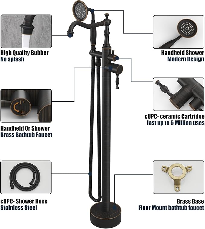 Oil Rubbed Bronze Standing Bathtub Faucet Freestanding Tub Filler High Pressure Single Handle Bathtub Filler Floor Mounted Brass Bathroom Stand Tub Faucets with Handheld Shower
