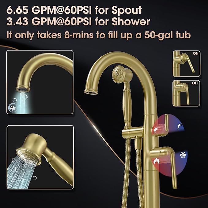 Freestanding Tub Faucets, Brass Freestanding Bathtub Faucet with Hand Shower, Floor Mount Tub Filler with Sprayer Brushed Light Gold（WT-9811BG03）