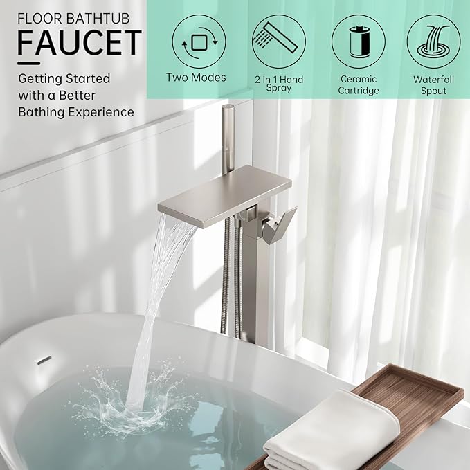 Hoimpro Floor Mount Bathtub Faucet Freestanding Waterfall Tub Filler, Brushed Nickel Single Handle High Flow Shower Faucets Mixer Bathroom Tub Faucets with 2 Function Hand Shower Wand