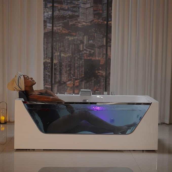 Empava 67 in. Acrylic Alcove Whirlpool Bathtub - Hydromassage Rectangular Jetted Soaking Tub with Center Drain - Waterfall Faucet