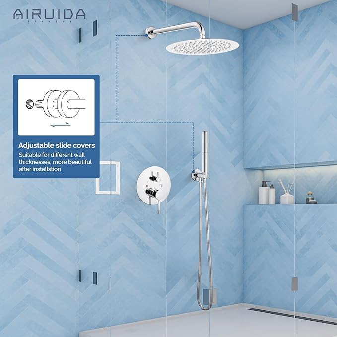 Airuida Shower Fixtures 2 Functions Shower Faucet Set Wall Mounted for Bathroom High Pressure Brass Handheld Shower with Rough-in Valve Round Rainfall 12 Inch Shower Head Chrome Polish