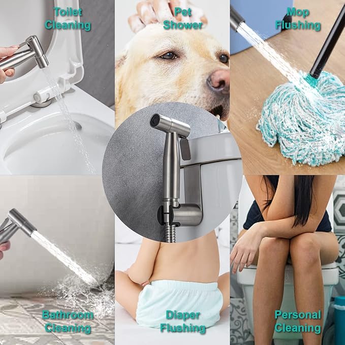 BARROCK Handheld Bidet Sprayer for Toilet, 2 Pack Stainless Steel Metal Made Baby Cloth Diaper Spraying Kit, Bathroom Toilet Bidet Attachment Set for Bathing Pets and Feminine Hygiene, Brushed Nickel