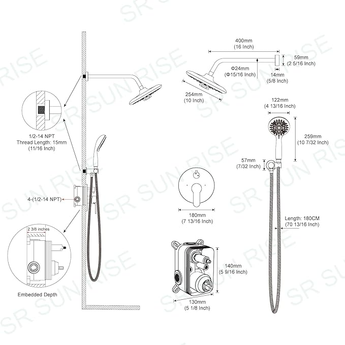 SR SUN RISE Shower Faucet - 10 Inch Multifunctional High Pressure Shower Head System with Handheld Shower Head Fixtures - Valve Included - Polished Chrome