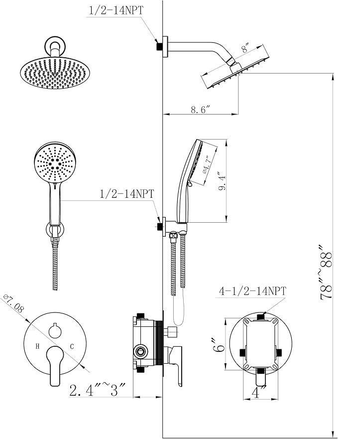 Shower Faucet Set Brass 8IN Rough-In Valve Body Trim Kit Rainfall Included Handle Accessories Complete 2 Functions with Rain Head and Handheld Bathroom Systems (8‘’, Brushed Gold)