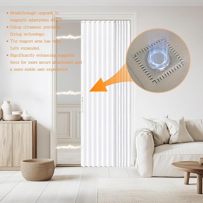 Accordian Door Curtain, 100% Blackout Folding Magnetic Doorway Curtains,Linen Style Closet Doors,for Room Divider,Privacy Protection（W52 x L78,White,1 Panel）