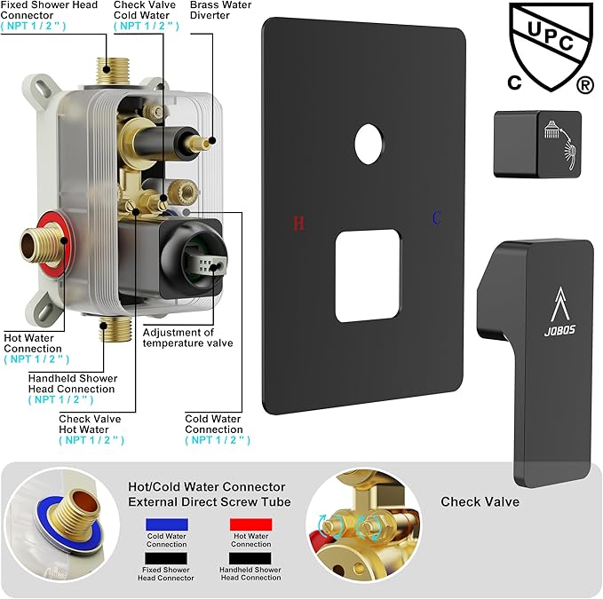 Rain Shower System 12IN Modern Brass Faucet Set With Valve and Diverter Shower Mixer With Handheld High Pressure Square Rainfall Shower Valve (12'' Ceiling Mount, Matte Black)