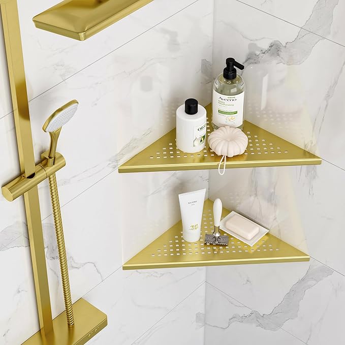 Neodrain 12 Inch Golden Corner Wall Shelf Set of 2, Floating Corner Shelves for Wall, 304 Stainless Steel Wall Storage Shelves for Bathroom,No Drilling