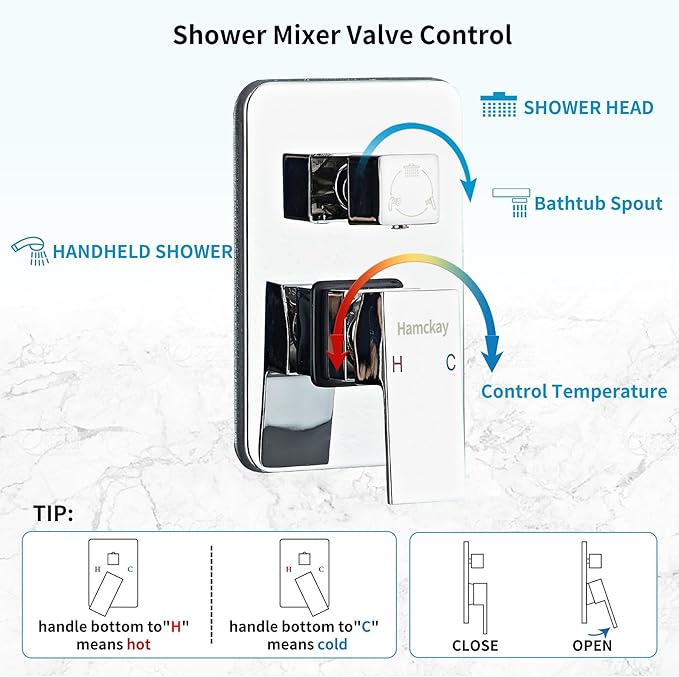 12inch Polished Chrome Shower System with Tub Spout, Shower Faucet Set with Rain Shower Head and Handheld 3-Setting, Waterfall Bathtub Spout Rainfall Shower Combo Set for Bathroom Wall Mounted