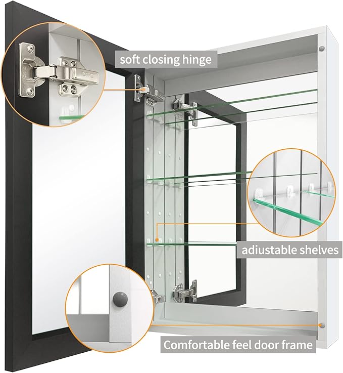Bathroom Medicine Cabinet with Farmhouse Black Aluminium Alloy Framed 26(H) x 16(W) Inches Recess or Surface Mount Mirror Cabinet for Bathroom Toilet Kitchen